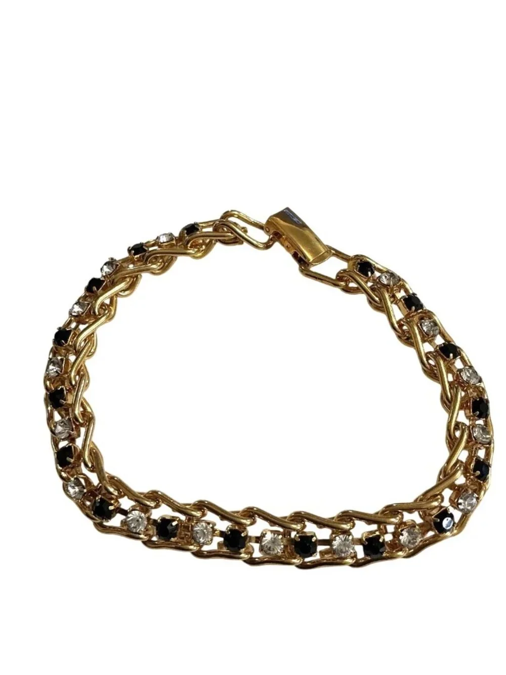 Vintage Gold Tennis Bracelet 7 Inch With Black & Clear Stones Retro Jewelry